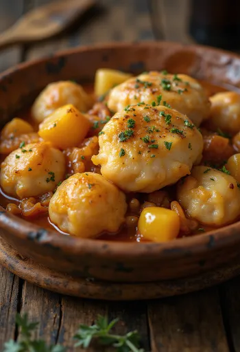 Pollo estilo Brassói con ñoquis, servido con perejil fresco