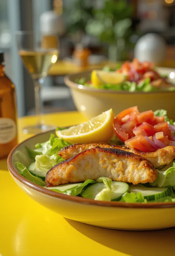 Ensalada de pollo fresca con verduras crujientes y pollo a la parrilla, con aderezo balsámico.