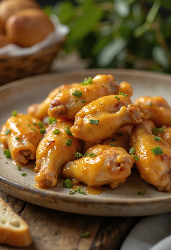 Alitas de pollo con salsa de miel y mostaza servidas