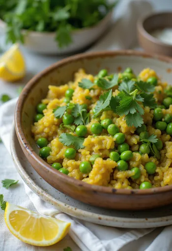Ghugni al cilantro, servido con chícharos picantes y decorado con cilantro fresco.