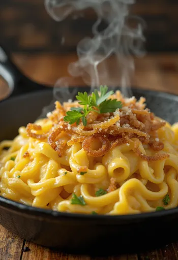 Käsespätzle, pasta austriaca con queso, jamón ahumado y cebolla frita