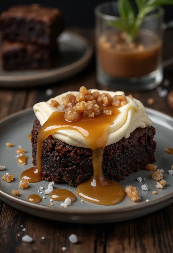 Kladdkaka con cheesecake de caramelo salado, con bonitas capas doradas