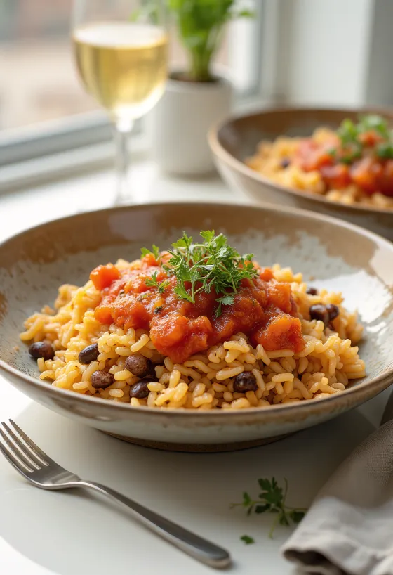 Koshari con aceite de oliva especiado, platillo egipcio de arroz, lentejas y macarrones en rica salsa
