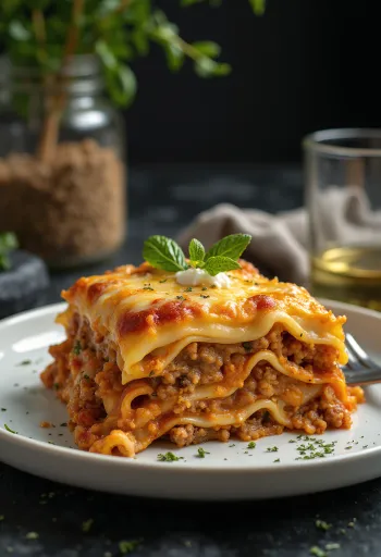 Lasaña italiana con jugosa carne molida al tomate y capas de bechamel cremosa