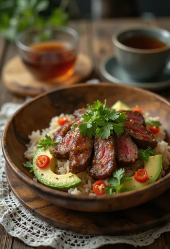Poké con carne de res, verduras frescas sobre cama de arroz, decorado con cilantro y jugo de limón.
