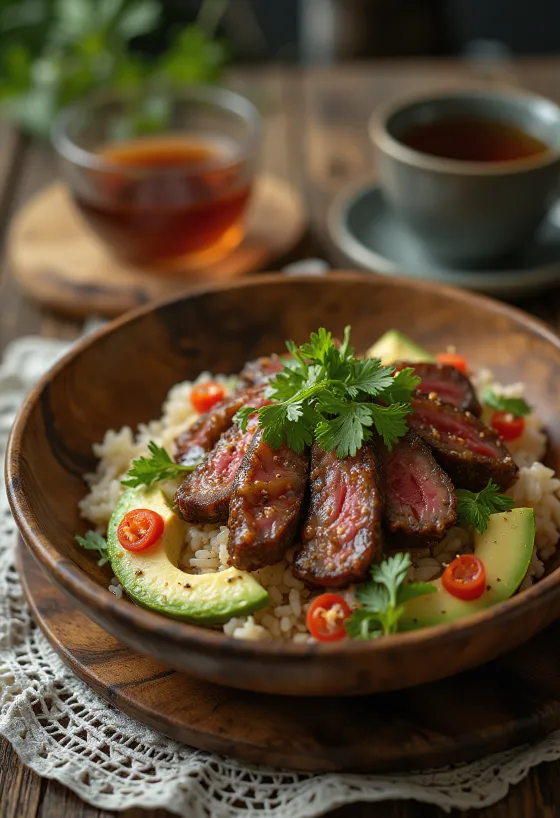 Poké con carne de res, verduras frescas sobre cama de arroz, decorado con cilantro y jugo de limón.