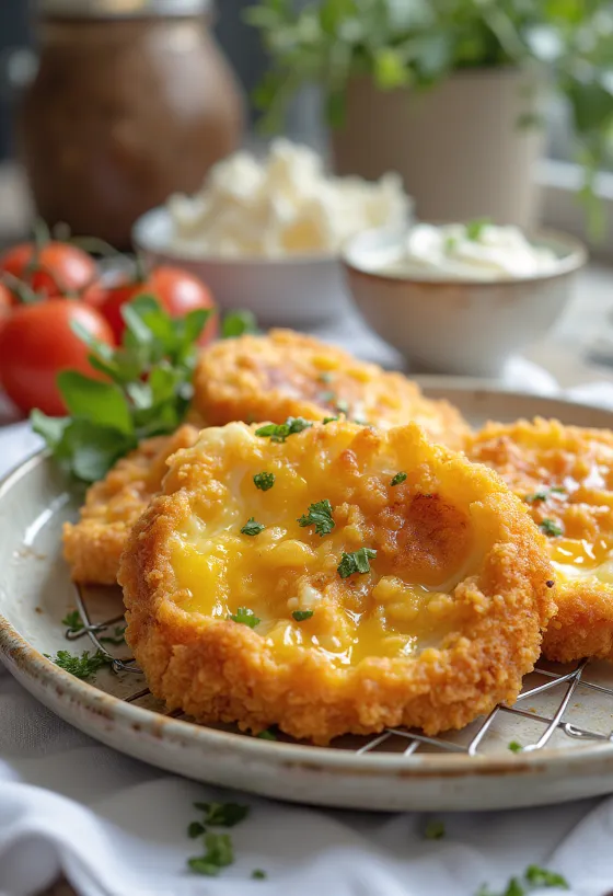 Berenjena empanizada en costra crujiente, frita dorada