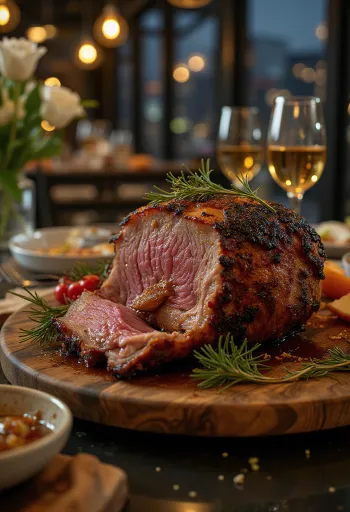 Jabalí asado con glaseado de miel servido con verduras asadas