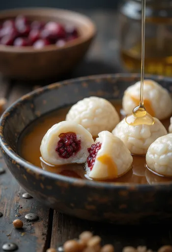 Tangyuan con puré de frijol rojo, servido con aceite de sésamo y azúcar