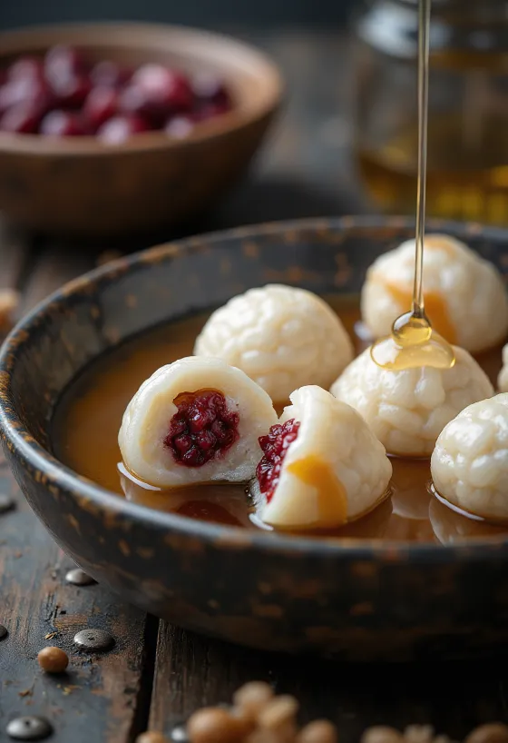Tangyuan con puré de frijol rojo, servido con aceite de sésamo y azúcar