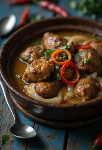 Adobo con leche de coco, platillo rico y especiado servido con arroz y cilantro