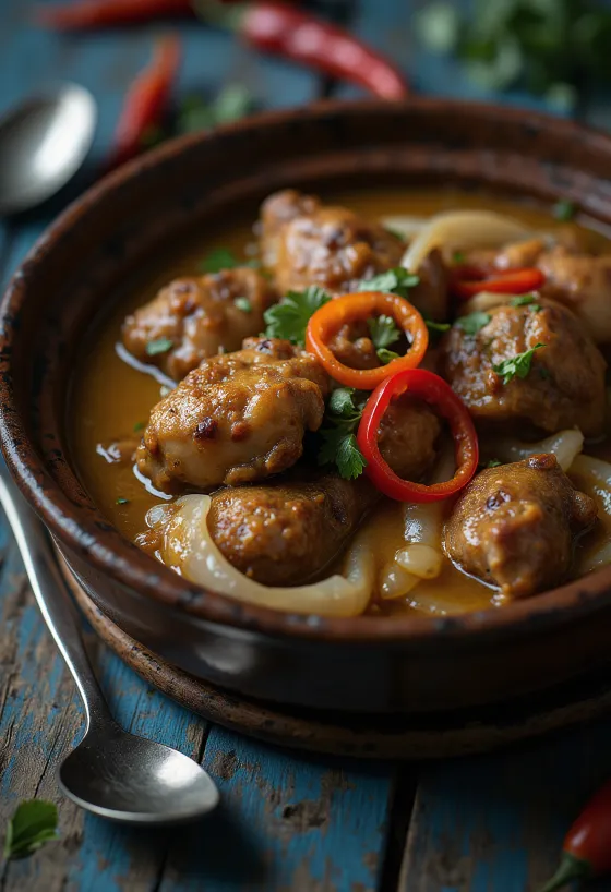 Adobo con leche de coco, platillo rico y especiado servido con arroz y cilantro
