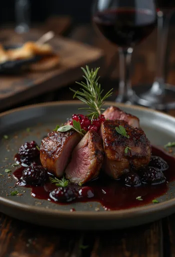 Medallones de antílope con salsa de vino tinto servidos con verduras