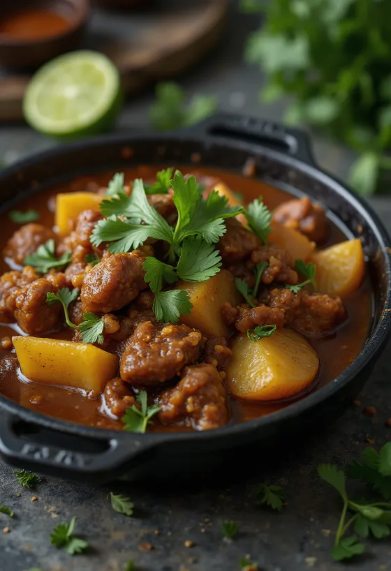 Carapulcra con carne de res, rico guiso con papas y harina de maíz