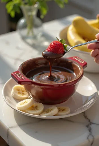 Fondue de chocolate caliente servido con frutas y trozos de bizcocho.