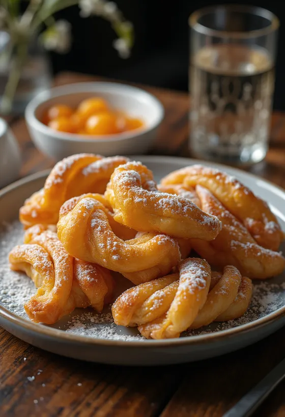 Csörögefánk espolvoreado con azúcar glass, servido con mermelada