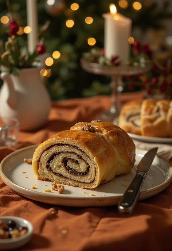 Rebanadas de rollo de nuez recién horneado.
