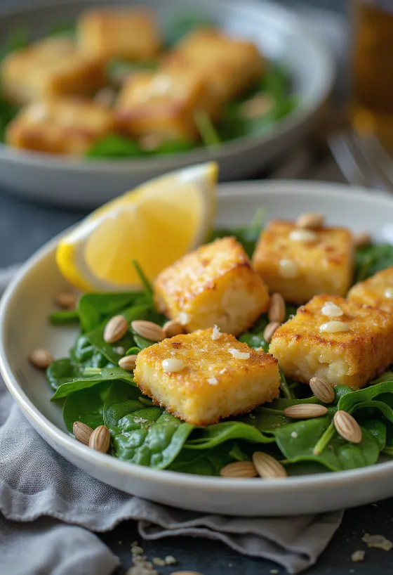 Tofu al ajo con ensalada de espinacas servido con verduras frescas y crujientes
