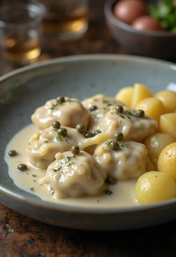 Königsberger klopse servido con salsa de alcaparras