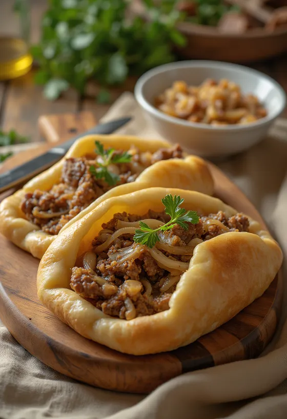 Pide horneado con abundante cebolla caramelizada y carne