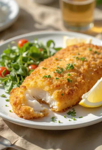 Crujiente filete de pescado empanizado dorado, servido con rodajas de limón frescas y verduras.