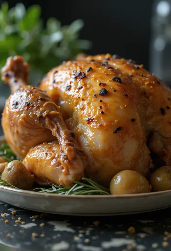 Capón asado con mantequilla de trufa servido con verduras asadas