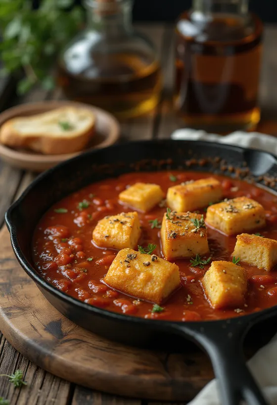 Tofu frito con salsa de tomate especiada servido