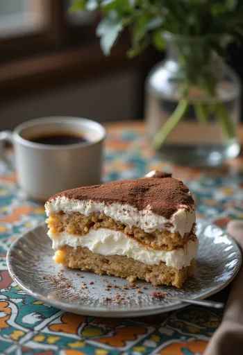 Pastel de tiramisú cremoso con soletas de café en capas y crema de mascarpone, espolvoreado con cocoa en polvo.