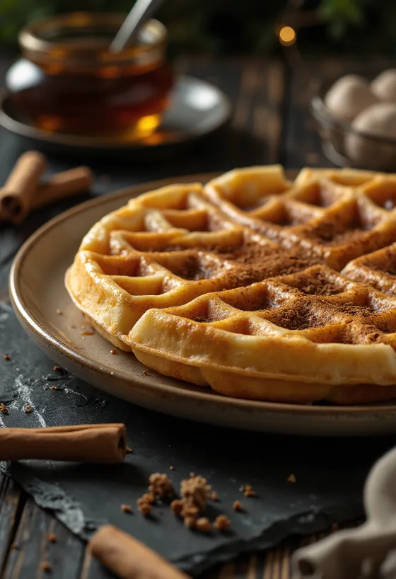 Waffle festivo de canela y miel servido