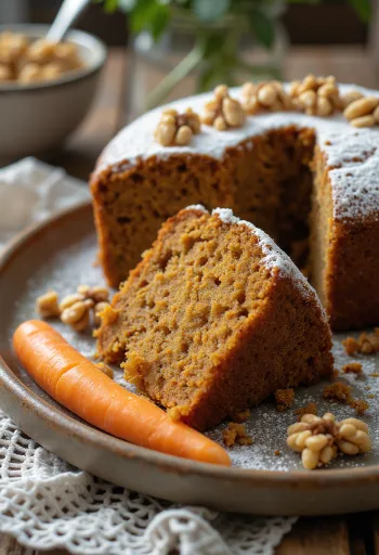 Pastel de zanahoria vegano servido con nuez y azúcar glass