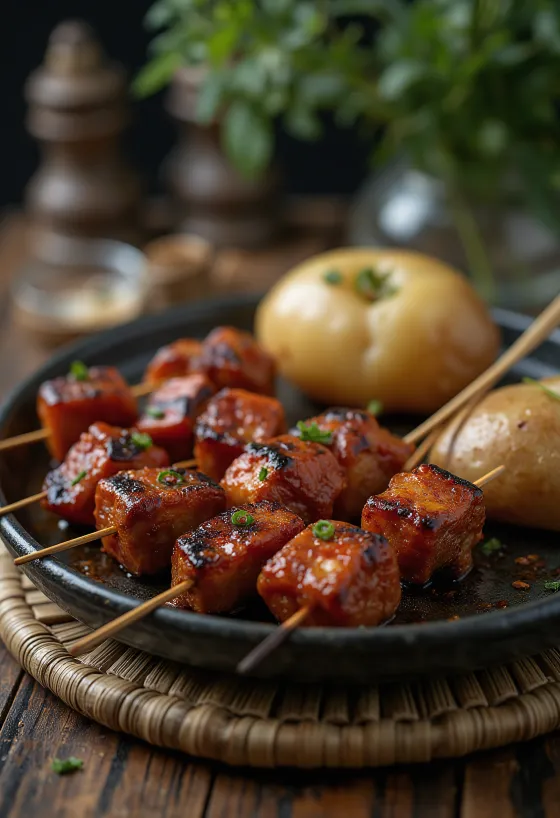 Anticuchos servidos con verduras asadas