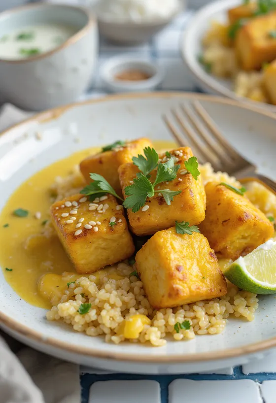 Tofu al ajo con curry de quinoa