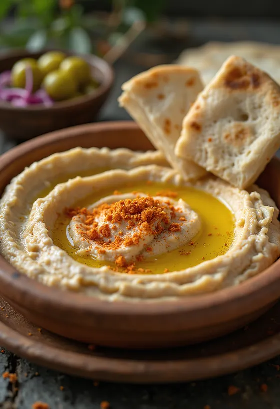 Hummus con textura sedosa, rociado con aceite de oliva, servido con pan pita