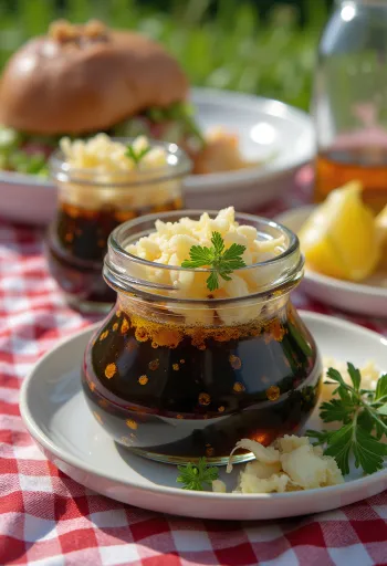 Salsa balsámica de ajo y eneldo servida