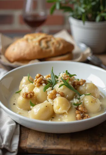 Gnocchi con queso de cabra y nuez servido