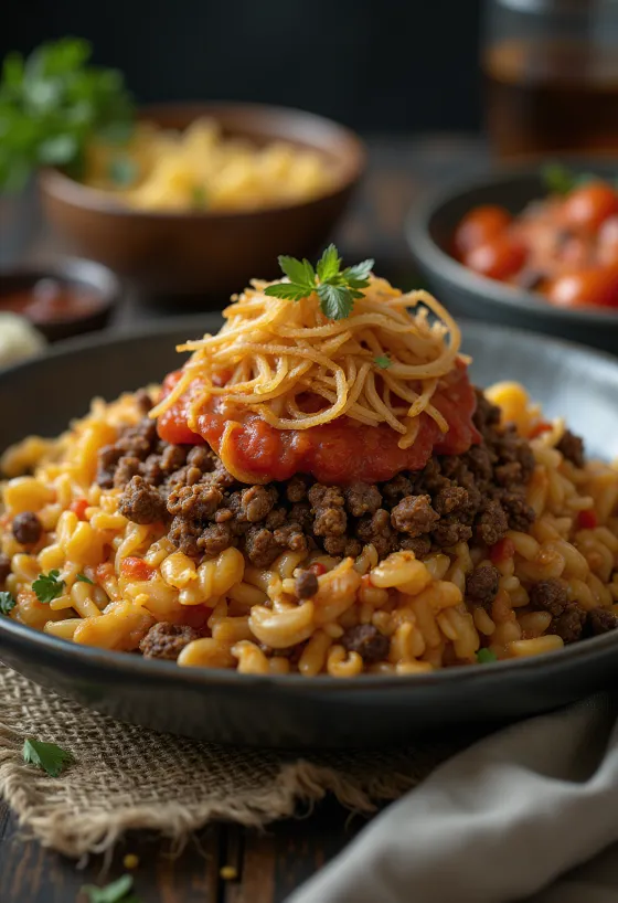 Koshari con carne de res, platillo egipcio de arroz, lentejas y macarrones, en rica salsa de tomate