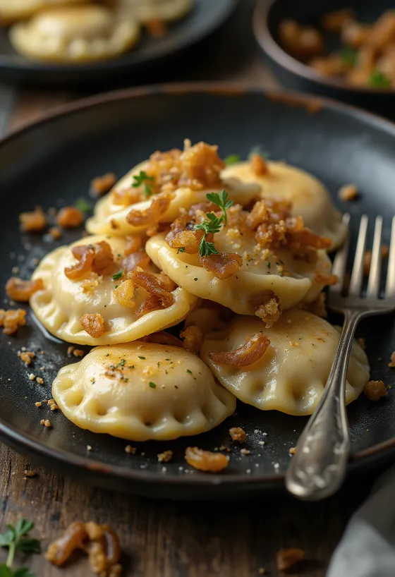 Pierogi de champiñones polaco servido con crema