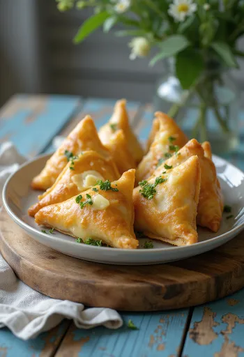 Samosa de queso y ajo silvestre servida
