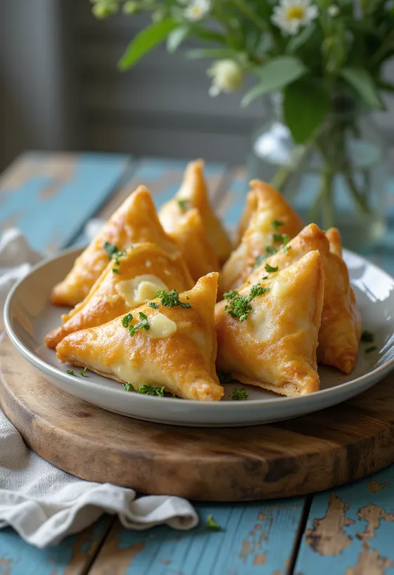 Samosa de queso y ajo silvestre servida