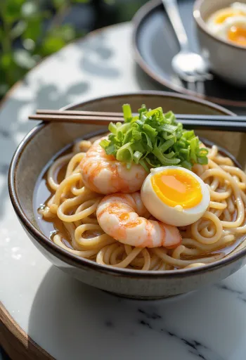 Onsen Tamago en sopa udon servido con huevo fresco, camarones y mariscos