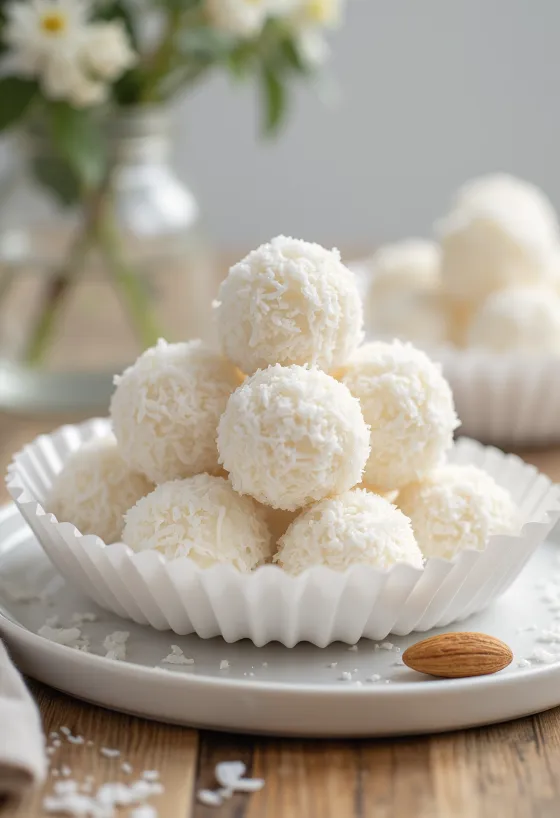 Bolitas Raffaello caseras revolcadas en coco rallado