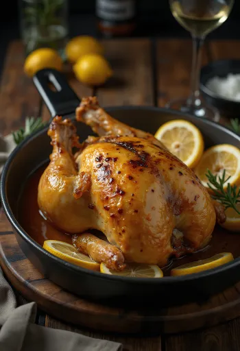 Pintada asada con glaseado de limón servida con verduras