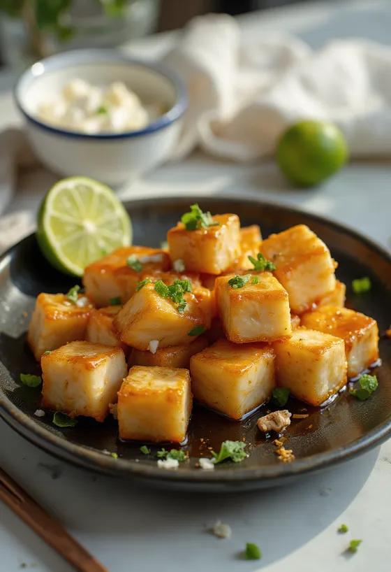 Tofu frito con marinada de limón servido