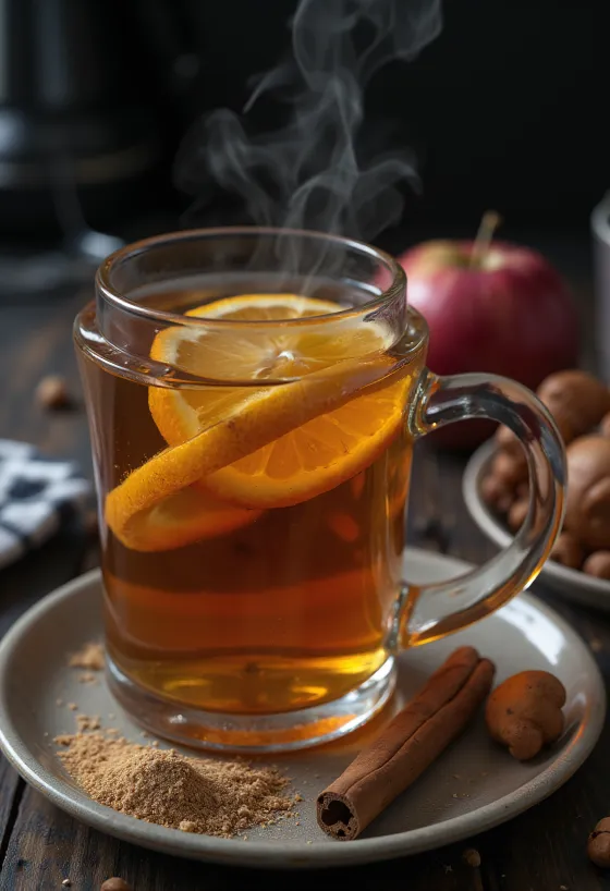 Cider de té y clavo en taza, decorado con rama de canela y rodaja de naranja