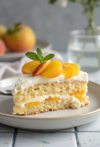 Pastel de durazno y mascarpone servido