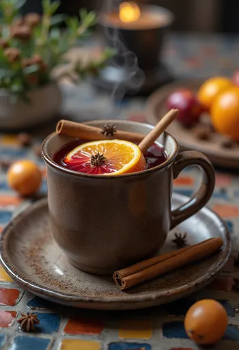Vino caliente especiado servido con rodaja de naranja y canela