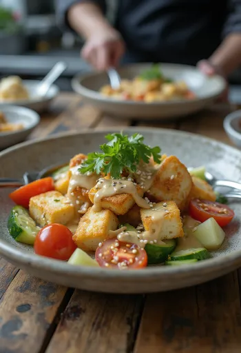 Ensalada de tofu al ajo con tahini