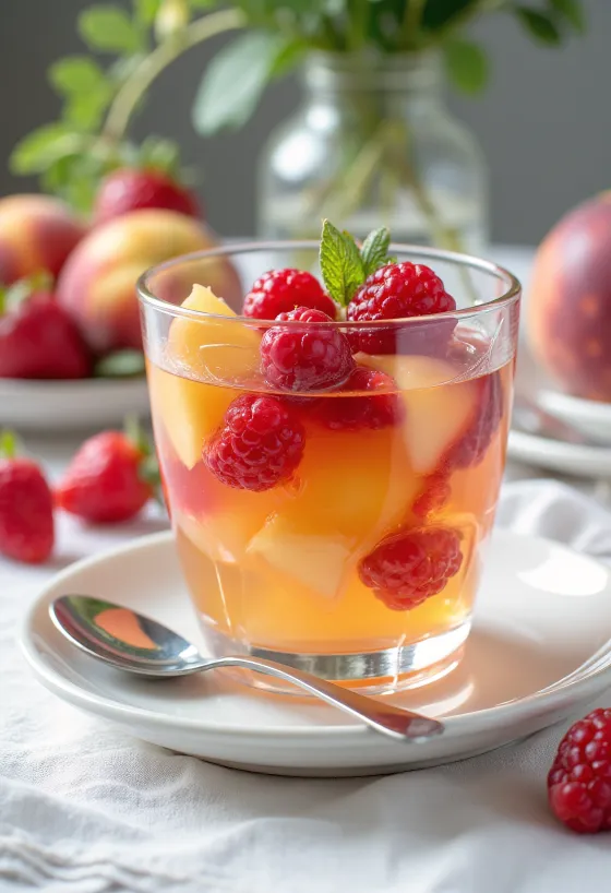 Gelatina de frutas colorida con trozos de fruta fresca en capas, servida en gelatina transparente
