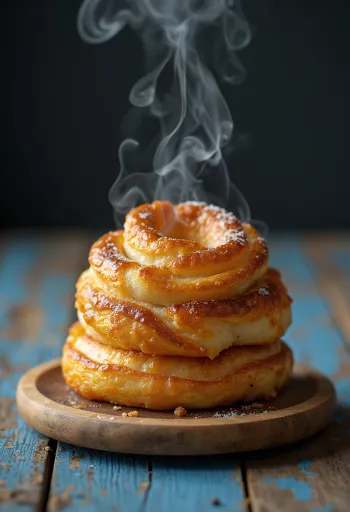 Pastel de chimenea horneado dorado, espolvoreado con azúcar y canela