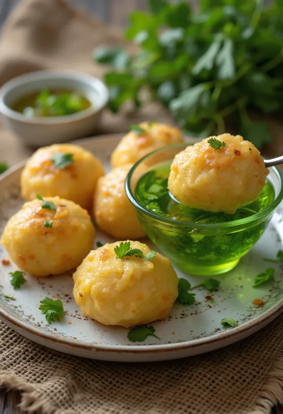 Esferas crujientes de pani puri rellenas de agua verde en un plato